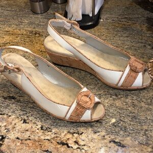 Vaneli White and Tan Wedge Cork Sandals